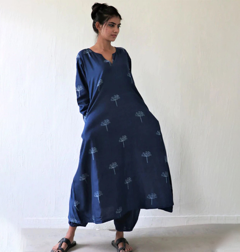 Women Blue Printed Chanderi Silk Kurta with Salwar